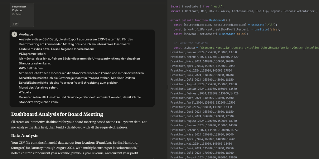 Claude analysiert die bereitgestellte CSV-Datei und erstellt den Code fuer ein interaktives Finanzdashboard.