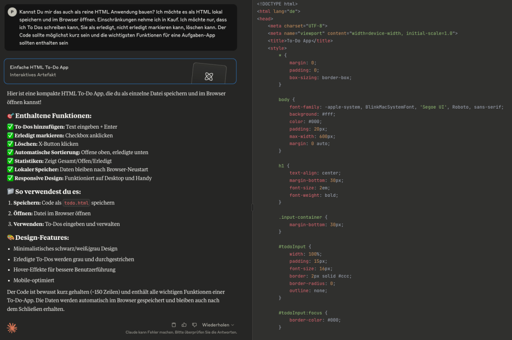 Claude erstellt den Code fuer eine lokale HTML-To-do-App und erklaert ihre Funktionen.