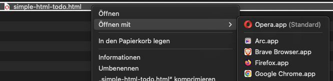 Eine lokale HTML-Datei wird im Finder zur Oeffnung in einem Webbrowser ausgewaehlt.