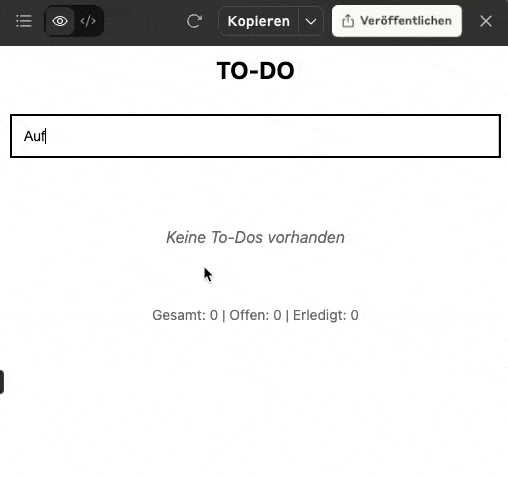 Animation der fertigen lokalen To-do-App beim Anlegen und Erledigen von Aufgaben.